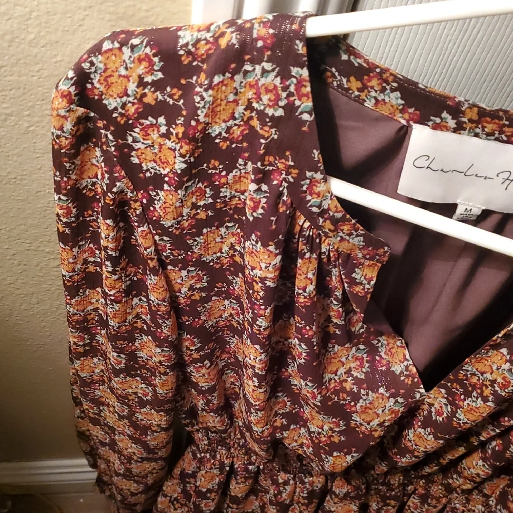 Charles Henry Brown Floral Long Sleeve Lined Dress - Picture 8 of 9